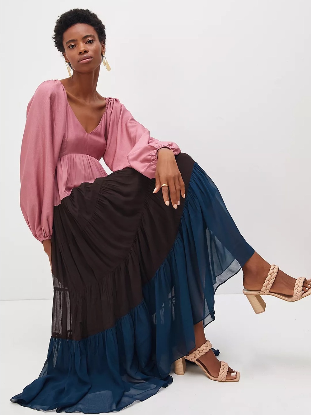 Anthropologie Nirmooha Puff-Sleeved Colorblocked Maxi Dress medium tiered FLAWED - Picture 2 of 16